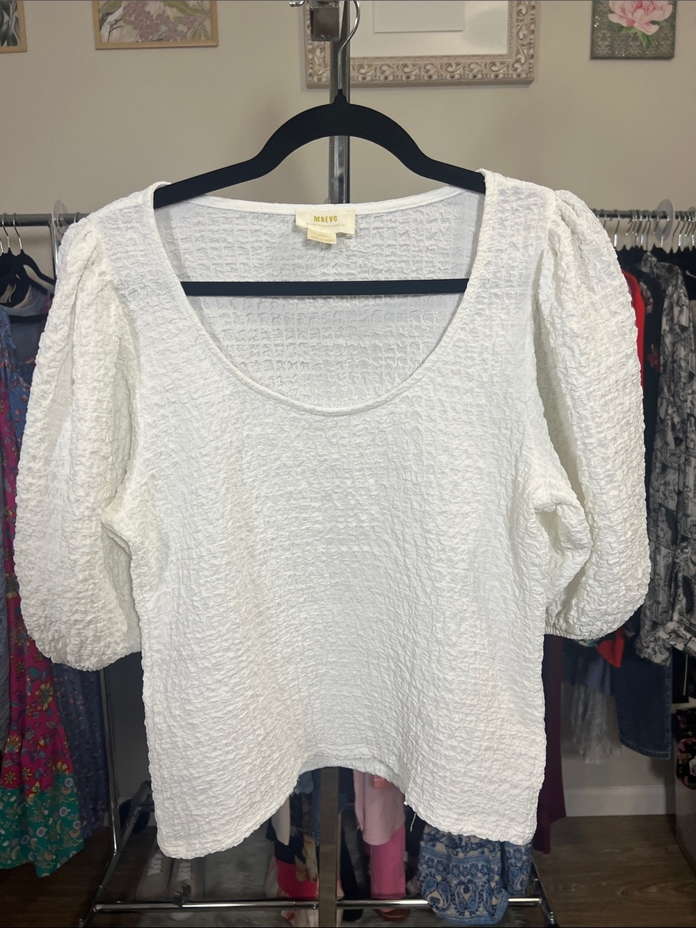 Anthropologie Maeve White Textured Scoop Neck Puff Sleeve Top Sz Large - Picture 2 of 7